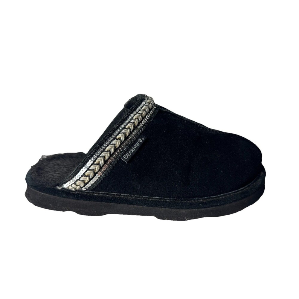 Bearpaw Women's Tanya Suede Embellished Slipper Mule Black Wool Blend Sz 11 Wide